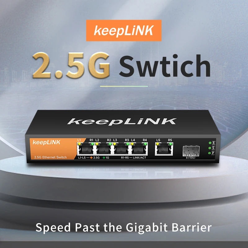 KeepLink 2.5Gb Switch with 5 Port Ethernet 1 Port 10G SFP+ Unmanaged Plug and Play