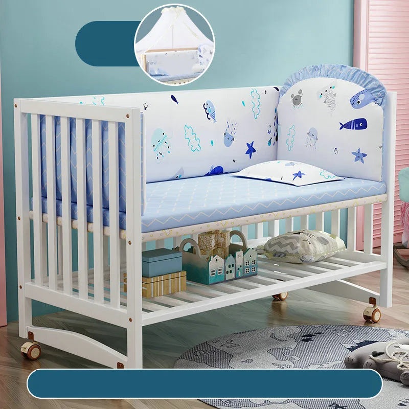 White Color Multifunctional Baby Crib, Solid Wood Newborn BB Cradle Cot, Can Splicing Big Bed