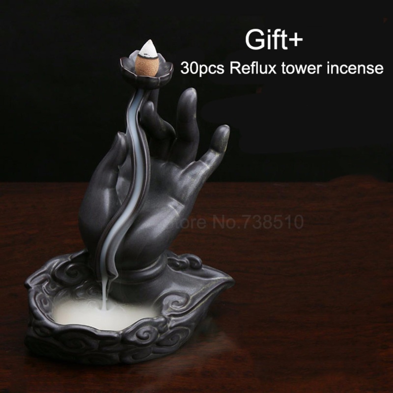 Quemador Incienso Thailand Buddha Hand Incense Burner Smoke Backflow Sandalwood Stove Tower Censer Down Stream Back
