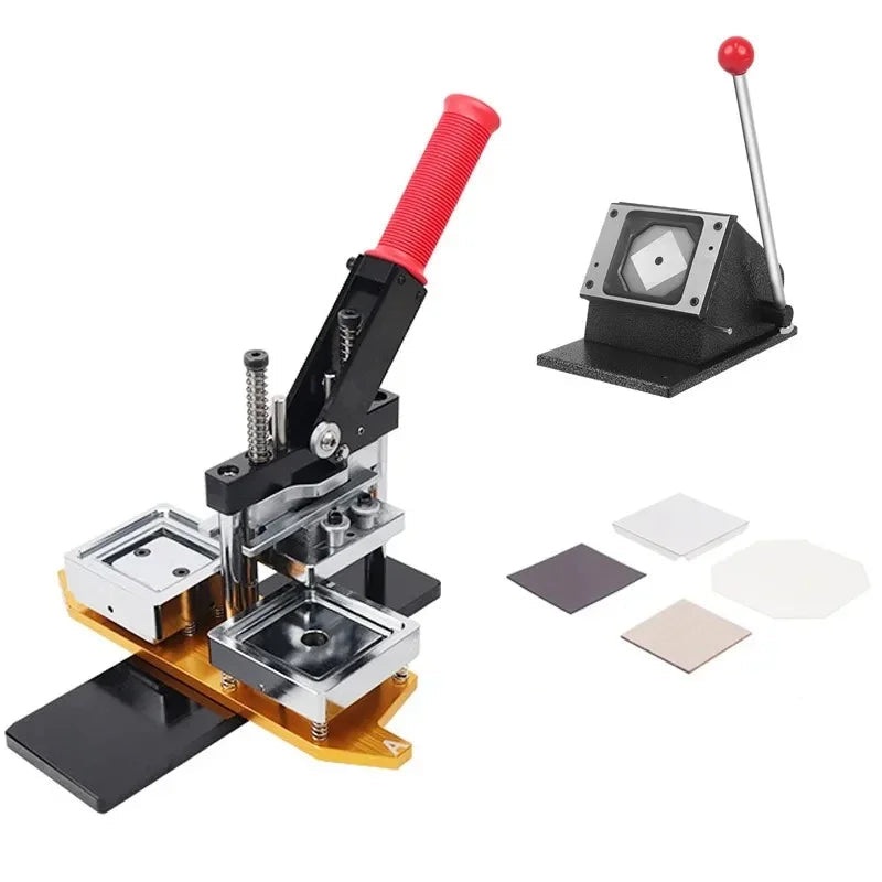 Square Fridge Magnet Badge Press Machine Complete Set 50x50mm/63.5×63.5mm Rotary Metal Sheet with Cutter and 100 Magnet Parts