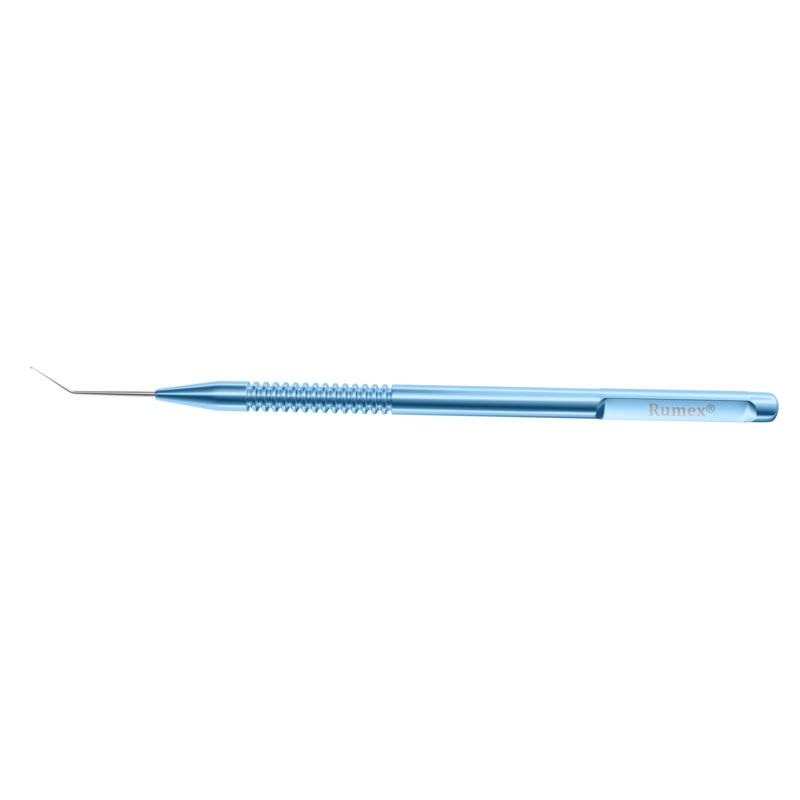 094R 5-030 Kuglen Iris Hook, Angled, H-Shaped Tip, Length 122 mm, Round Titanium Handle