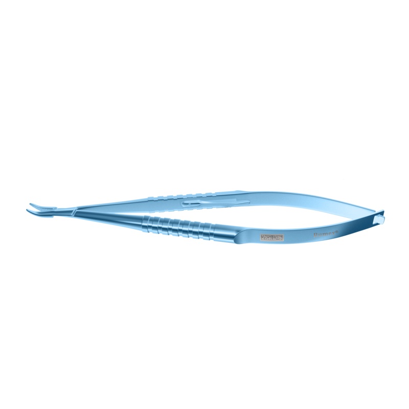 297R 8-010T Barraquer Needle Holder, 12.00 mm Standard Jaws, Curved, with Lock, Small Size, Length 100 mm, Titanium