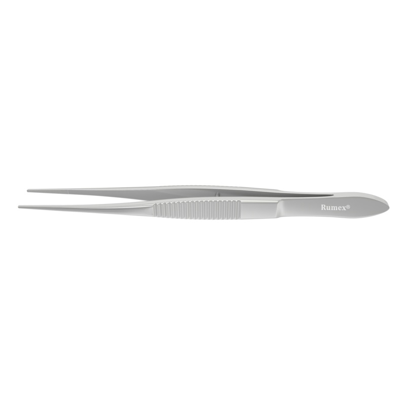 104R 4-071S Dressing Forceps with Delicate Serrations, 12.00 mm Serrated Tips, Straight, Flat Handle, Length 100 mm, Stainless Steel