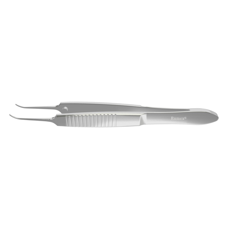 717R 4-102S Iris Forceps with 1×2 Teeth, Curved, Flat Serrated Handle,  Length 72 mm, Stainless Steel