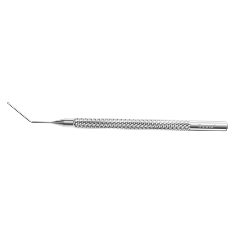 779R 13-153S Terry DSEK Scraper, Angled Shaft, 11.00 mm from Tip to Angle, Hole-Shaped Scraper Facing Upward, Length 114 mm, Stainless Steel