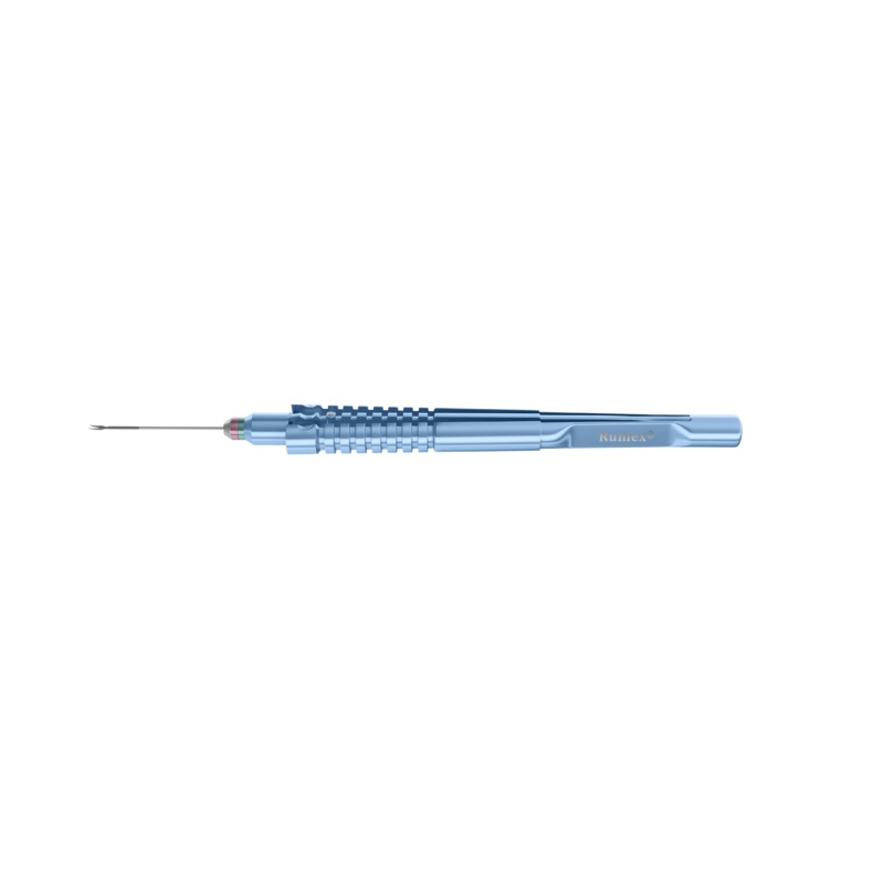 360R 12-209-23H Curved Subretinal Scissors, Attached to a Squeeze Handle, with RUMEX Flushing System, 23 Ga
