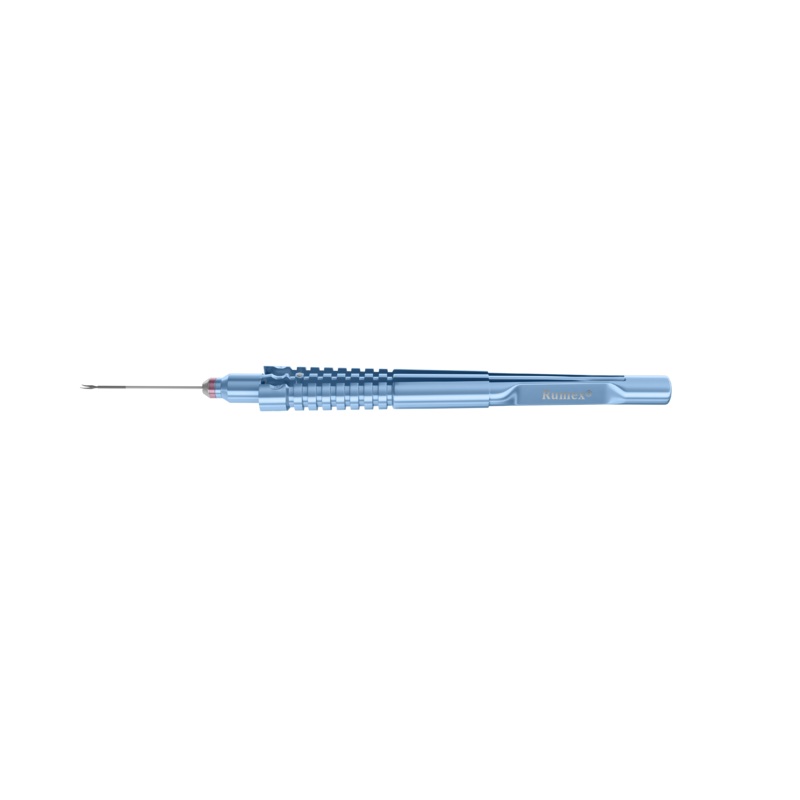 999R 12-209-25H Curved Subretinal Scissors, Attached to a Squeeze Handle, with RUMEX Flushing System, 25 Ga