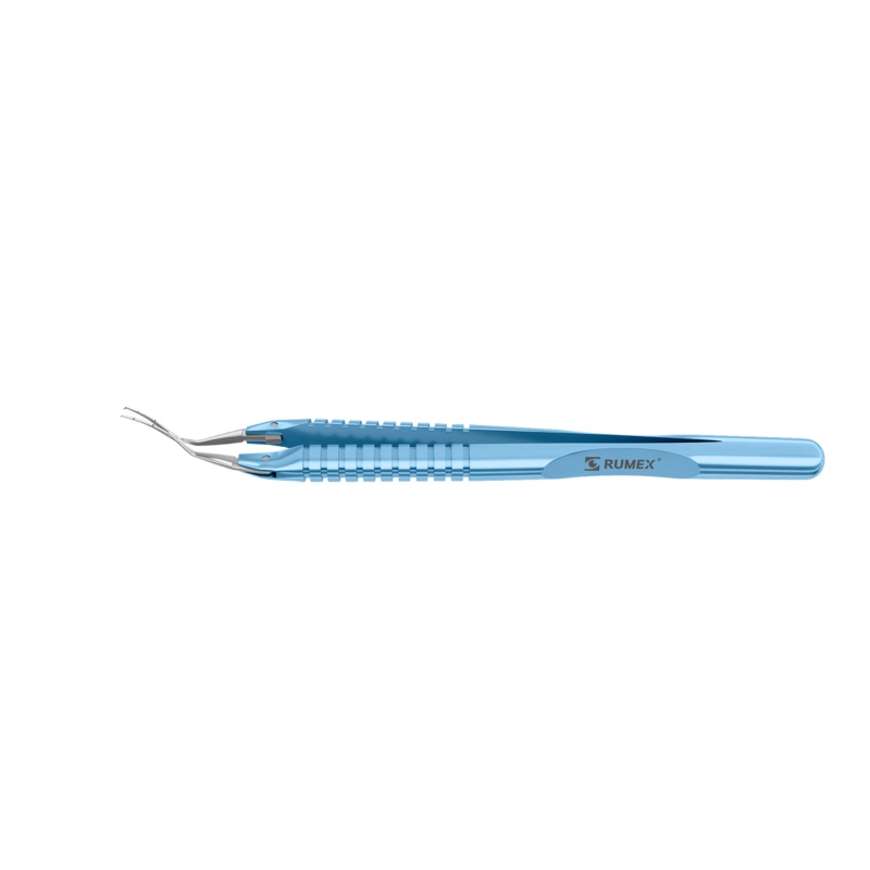 999R 4-0395/LR Capsulorhexis Forceps with Scale (2.50/5.00 mm), Cross-Action, for 1.50 mm Incisions, Curved Stainless Steel Jaws (8.50 mm), Short Lever (16.00 mm), Long (101 mm) Round Titanium Handle, Length 120 mm