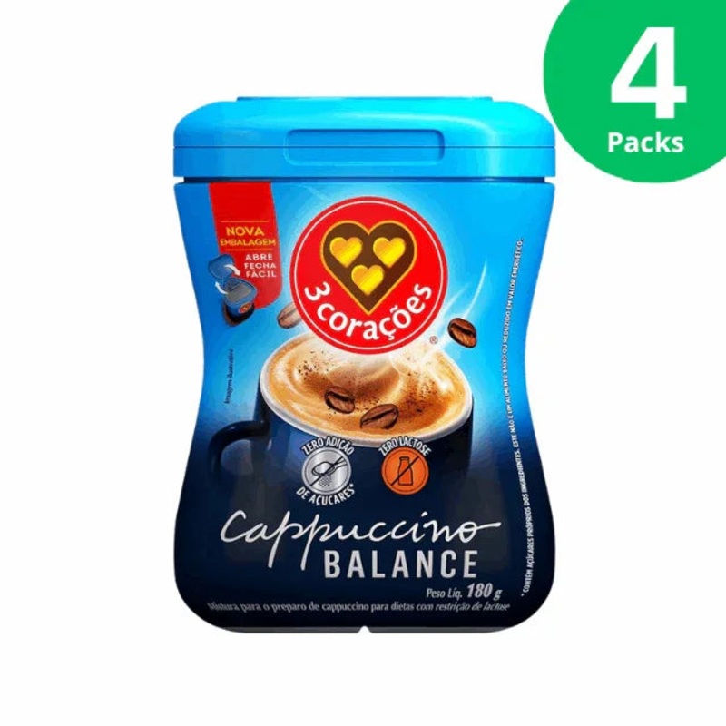 4-Pack 3 Coraes Cappuccino Balance Lactose-Free Instant Mix – 4 x 180g (6.35 oz) – Sugar-Free