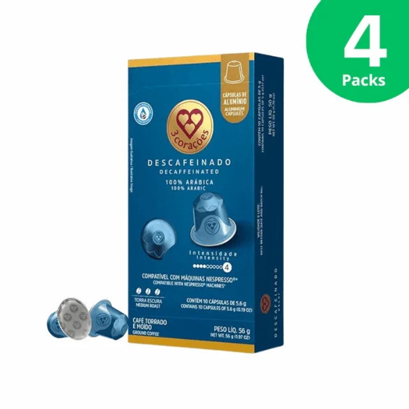 4-Pack 3 Coraes Decaffeinated Espresso Coffee Pods – Compatible with Nespresso Original Line Machines – 4 x 56g (1.97 oz) – 10 Pods – 100% Arabica Coffee