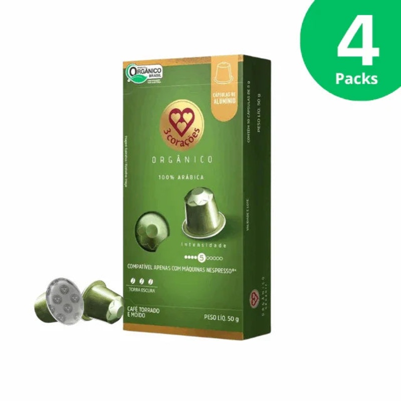 4-Pack 3 Coraes Organic Espresso Coffee Pods – Compatible with Nespresso Original Line Machines – 4 x 50g (1.76 oz) 10  Capsules- Intensity 5