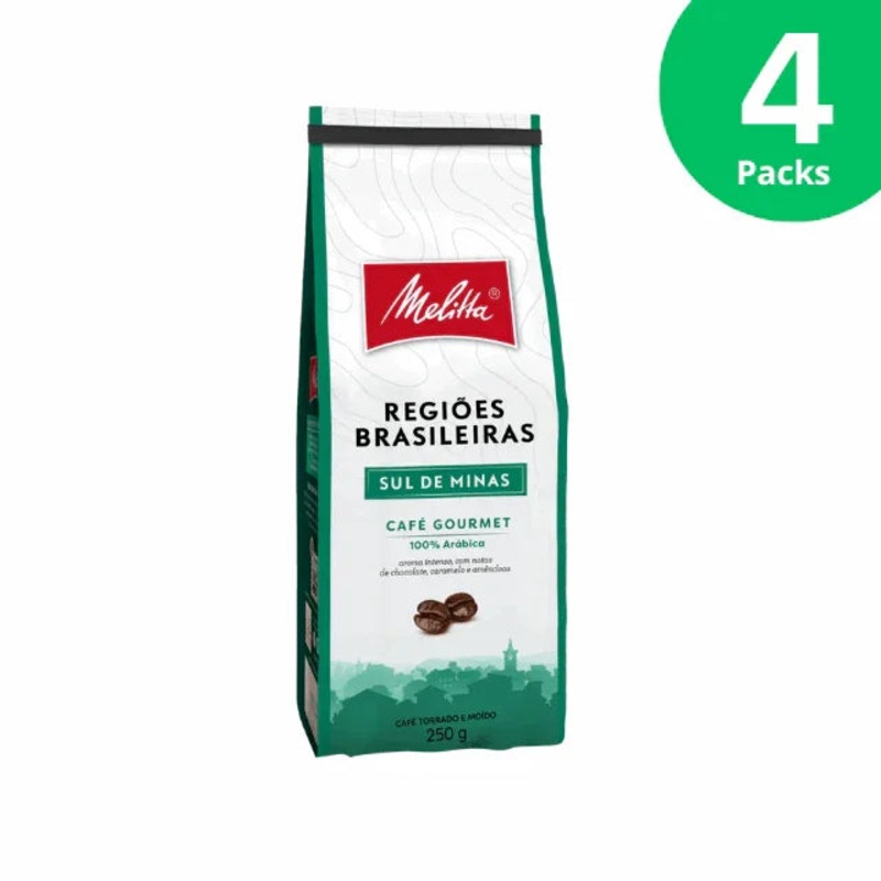 4-Pack Melitta Brazilian Regions Roasted and Ground Coffee – Sul de Minas – 4 x 250g (8.8 oz) – Notes of chocolate, caramel, and nuts