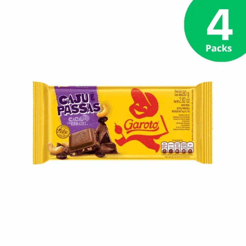 4-Pack Milk Chocolate with Cashews and Raisins Tablet – 4 x 80g (2.82oz) GAROTO