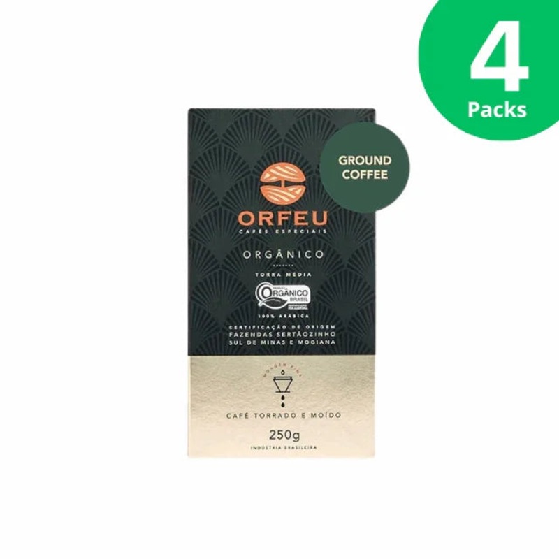 4-Pack Orfeu Organic Ground Coffee – 4 x 250g (8.8 oz) Brazilian Arabica Coffee