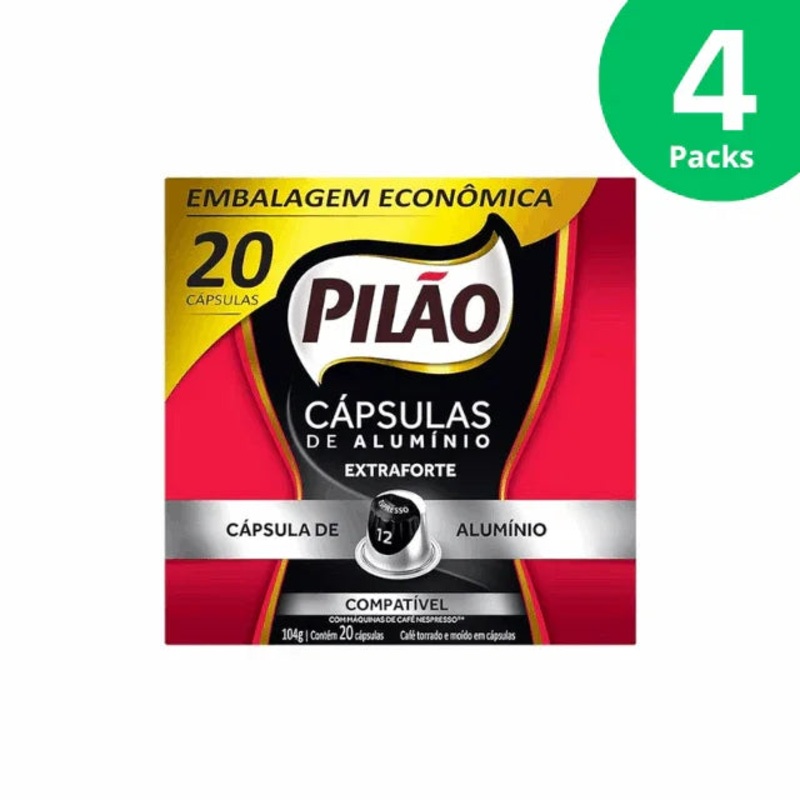 4-Pack Pilo Extra Strong Espresso Coffee Capsules – 4 x Box 104g (3.67oz) – 80 Capsules – Compatible with Nespresso