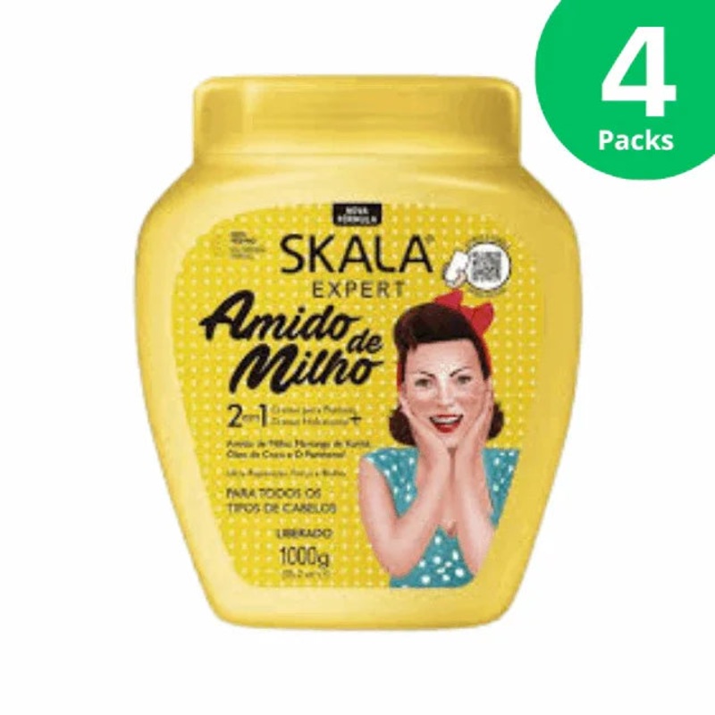 4-Pack Skala Amido de Milho 2 in 1 – Corn Starch – Leave-in Conditioner and Hydrating Cream – 4 x 1000g (35.3 oz) – Vegan, Sulfate and Paraben-Free