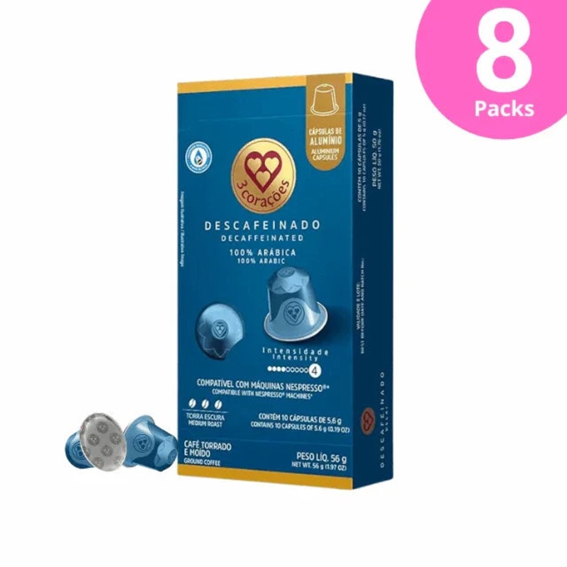 8-Pack 3 Coraes Decaffeinated Espresso Coffee Pods – Compatible with Nespresso Original Line Machines – 8 x 56g (1.97 oz) – 10 Pods – 100% Arabica Coffee
