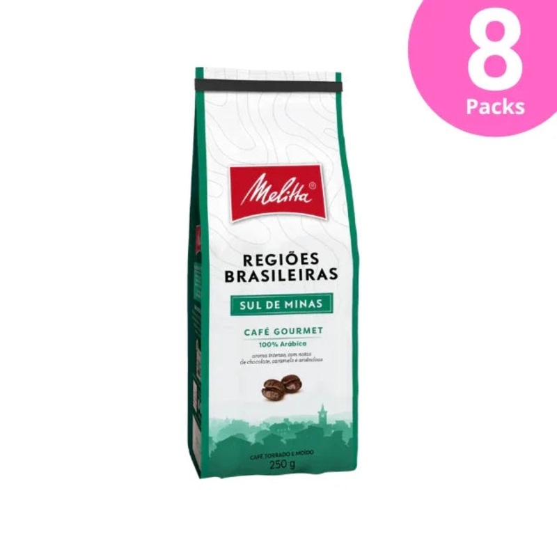 8-Pack Melitta Brazilian Regions Roasted and Ground Coffee – Sul de Minas – 8 x 250g (8.8 oz) – Notes of chocolate, caramel, and nuts