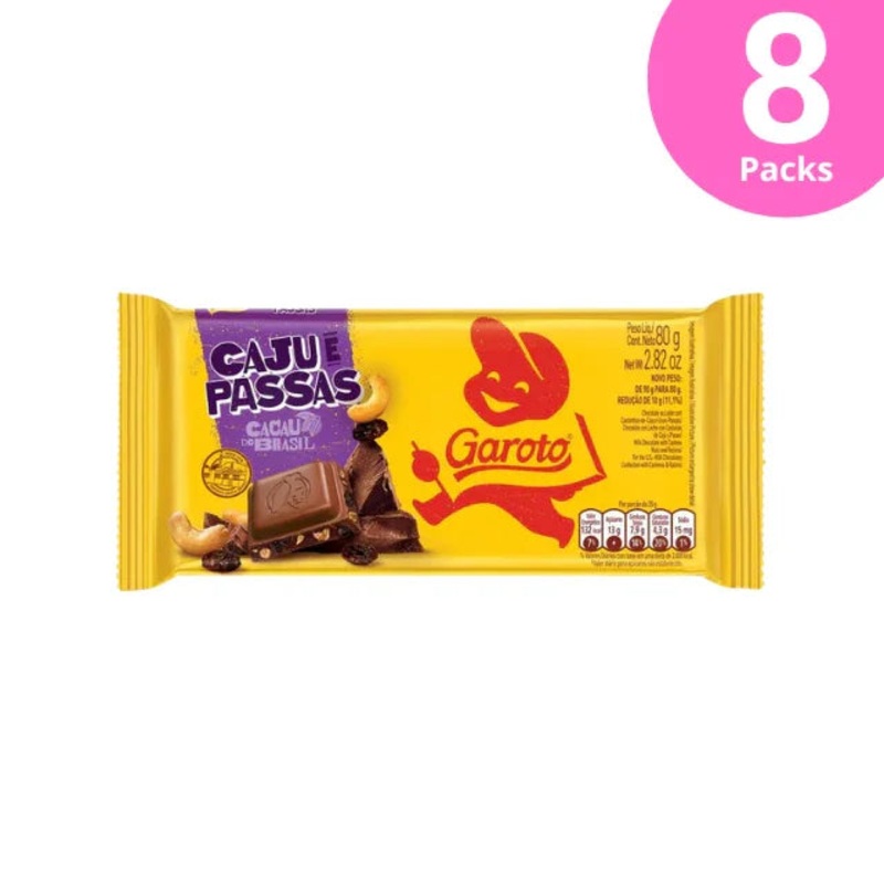 8-Pack Milk Chocolate with Cashews and Raisins Tablet – 8 x 80g (2.82oz) GAROTO