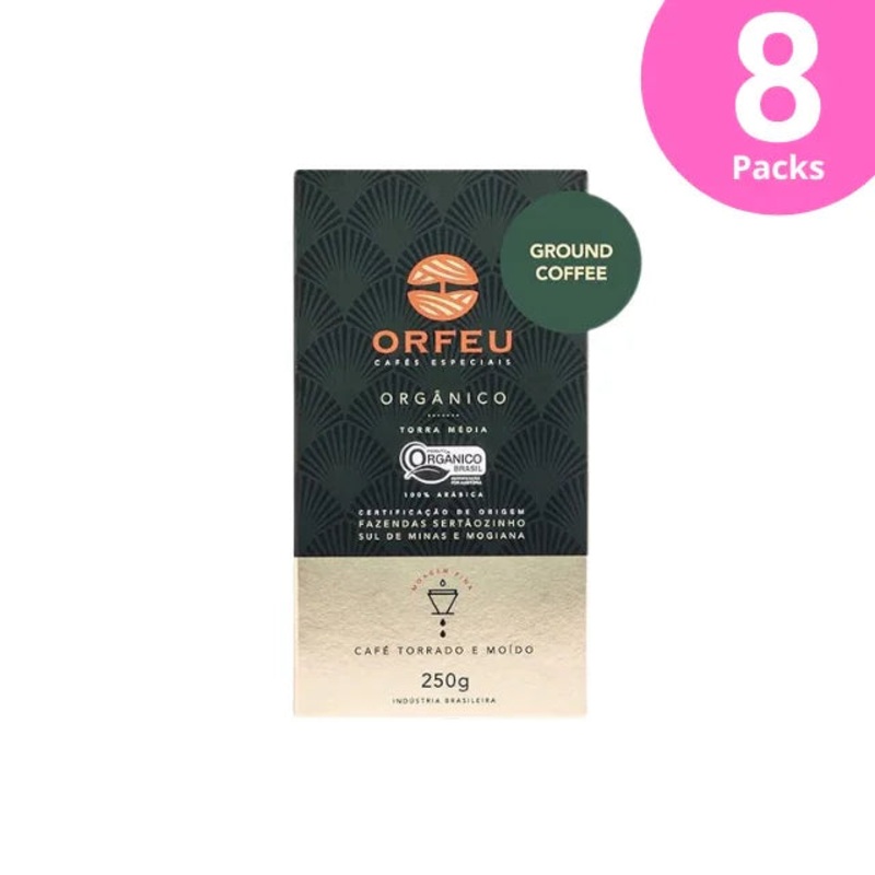 8-Pack Orfeu Organic Ground Coffee – 8 x 250g (8.8 oz) Brazilian Arabica Coffee