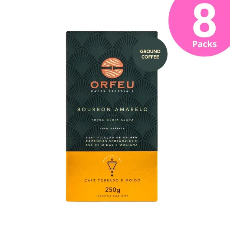 8-Pack ORFEU Special Coffee Yellow Bourbon – 100% Arabica Coffee, Ground & Roasted-  Aroma of Citrus Fruits, Accentuated Acidity – 8 x 250g (8.8oz)