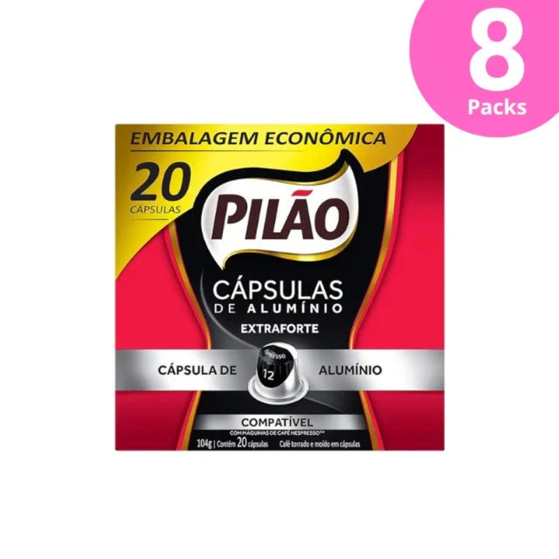 8-Pack Pilo Extra Strong Espresso Coffee Capsules – 8 x Box 104g (3.67oz) – 160 Capsules – Compatible with Nespresso