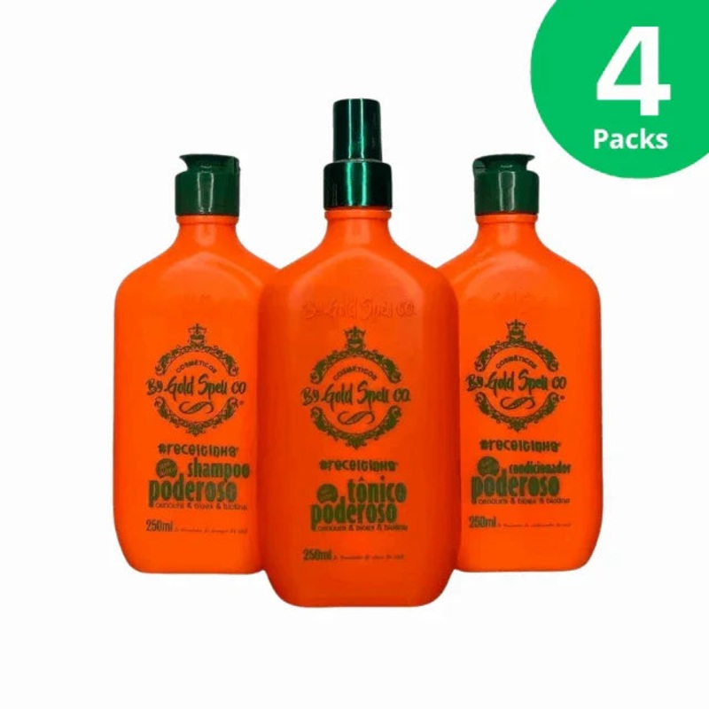 4-Pack Gold Spell Co. Powerful Hair Care Kit – 3-Piece Set (Shampoo, Conditioner, Tonic) – 4 x 250ml (8.45 oz) Each