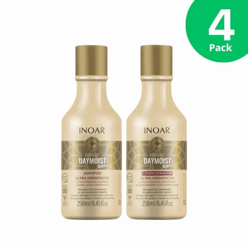 4-Pack Inoar Absolut DayMoist CLR Ultra Hydration Shampoo & Conditioner Kit – 4 x 250 ml (8.45 fl oz each)