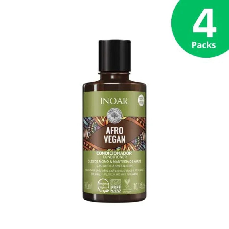 4-Pack Inoar Afro Vegan Conditioner with Castor Oil & Shea Butter – 4 x 300ml / 10.14 oz