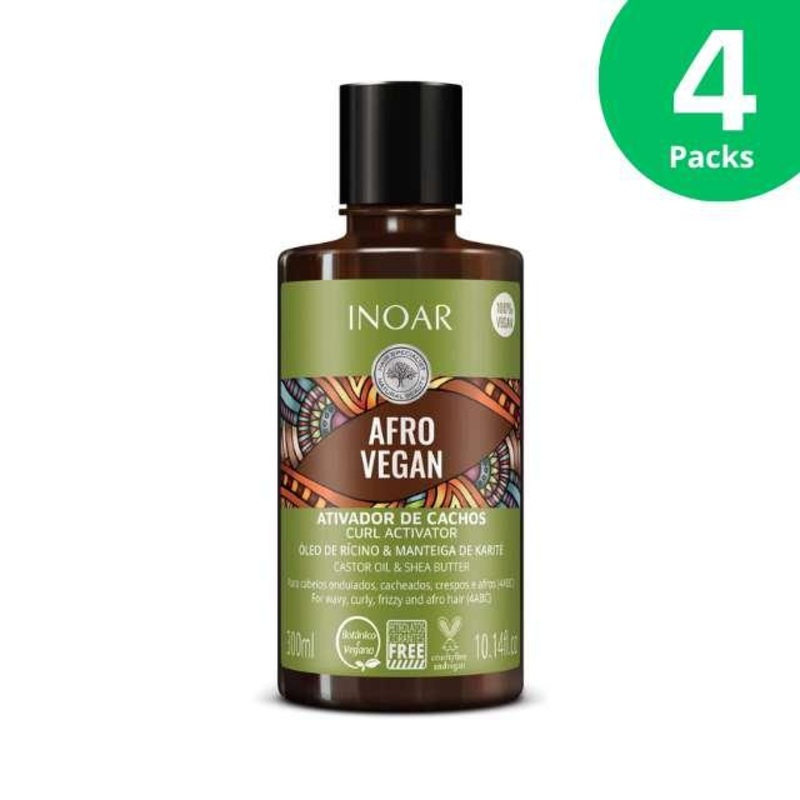 4-Pack Inoar Afro Vegan Curl Activator with Castor Oil & Shea Butter – 4 x 300ml / 10.14 oz