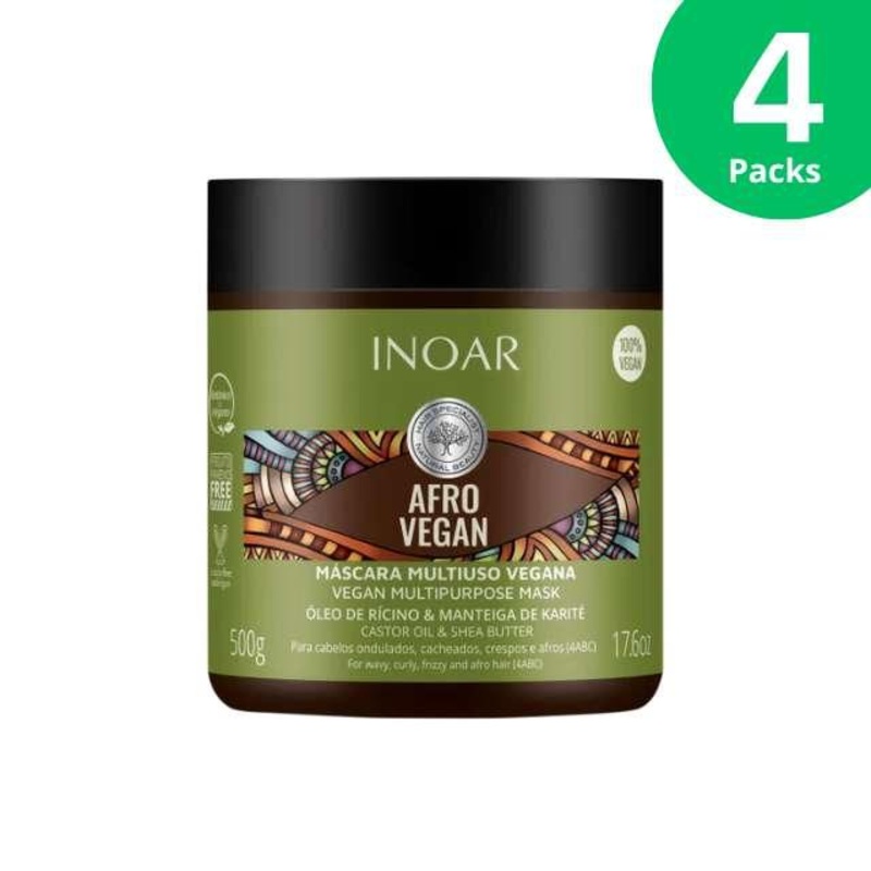 4-Pack Inoar Afro Vegan Hair Mask with Castor Oil & Shea Butter – 4 x 500g (17.6oz)