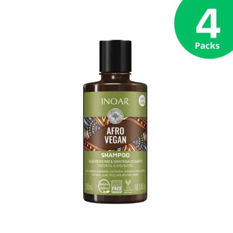 4-Pack Inoar Afro Vegan Shampoo with Castor Oil & Shea Butter – 4 x 300ml / 10.14 fl oz