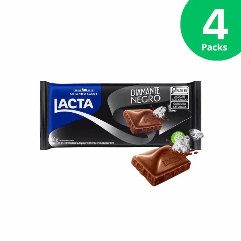 4-Pack Lacta Diamante Negro Chocolate Bar – 4 x  80g (2.82 oz) – Premium Milk Chocolate with Crunchy Cocoa Flakes