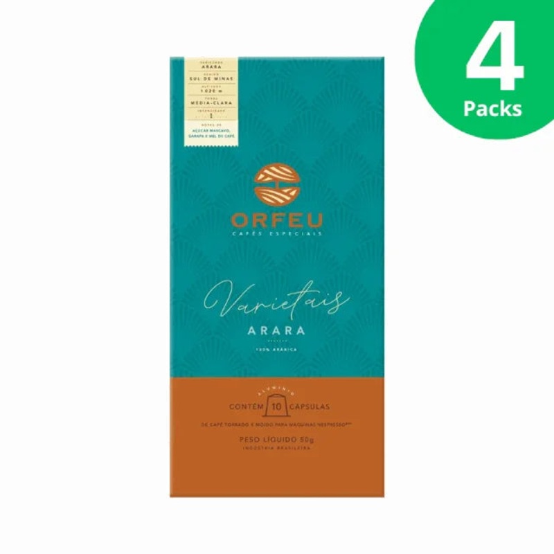 4-Pack Orfeu Arara Coffee Capsules, Compatible with Nespresso, 4 x 10 Capsules – 50g (1.76 oz)