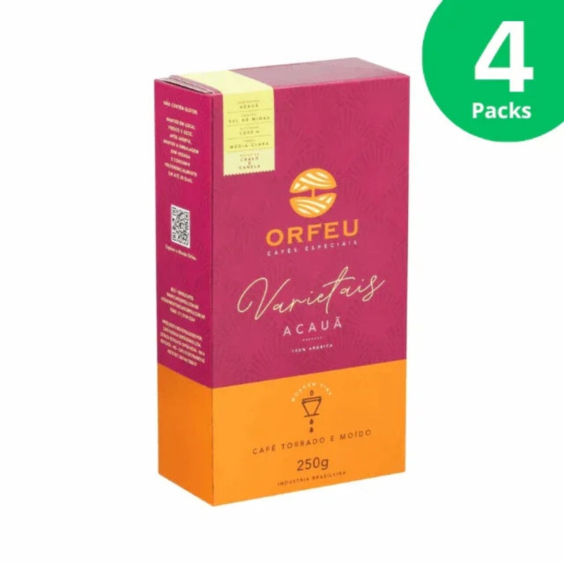4-Pack Orfeu Varietais Acau Roasted and Ground Coffee, Medium-Light Roast, 4 x 250g (8.8 oz) – Notes of Clove and Cinnamon
