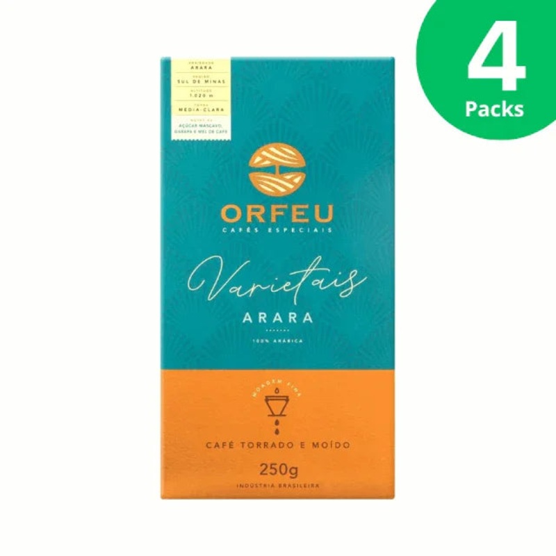 4-Pack Orfeu Varietais Arara Ground Coffee, 100% Arabica, Sul de Minas, 4 x 250g (8.8oz)  Notes of Brown Sugar, Molasses, and Honey