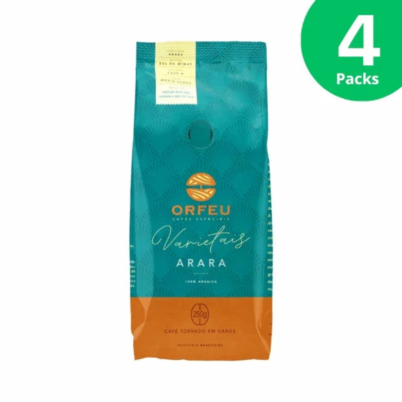 4-Pack Orfeu Varietais Arara Whole Bean Coffee, Sul de Minas, 100% Arabica, Medium-Light Roast, 4 x 250g (8.8 oz)