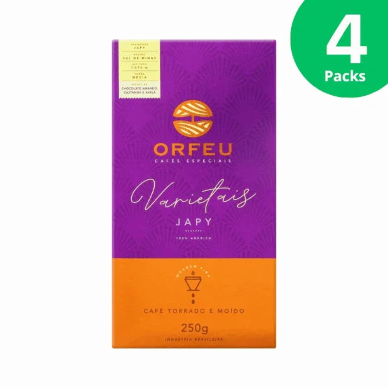 4-Pack Orfeu Varietais Japy Roast and Ground Coffee – 100% Arabica, Sul de Minas, 4 x 250g (8.8 oz) – Notes of Dark Chocolate, Hazelnut, and Walnut
