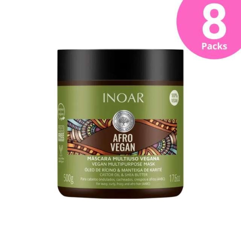 8-Pack Inoar Afro Vegan Hair Mask with Castor Oil & Shea Butter – 8 x 500g (17.6oz)