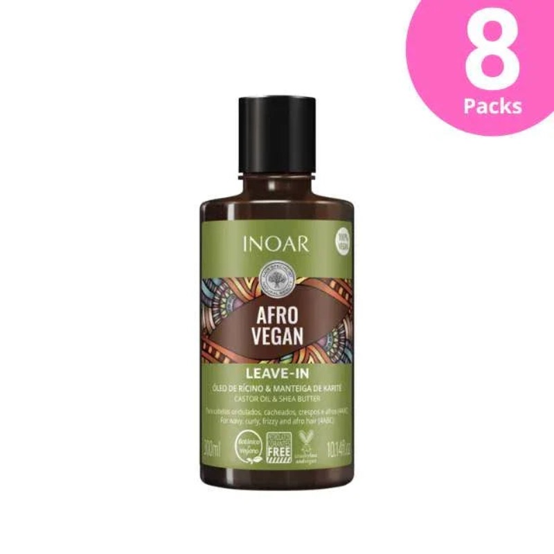 8-Pack Inoar Afro Vegan Leave-In with Castor Oil & Shea Butter – 8 x 300ml / 10.14oz – Combing cream