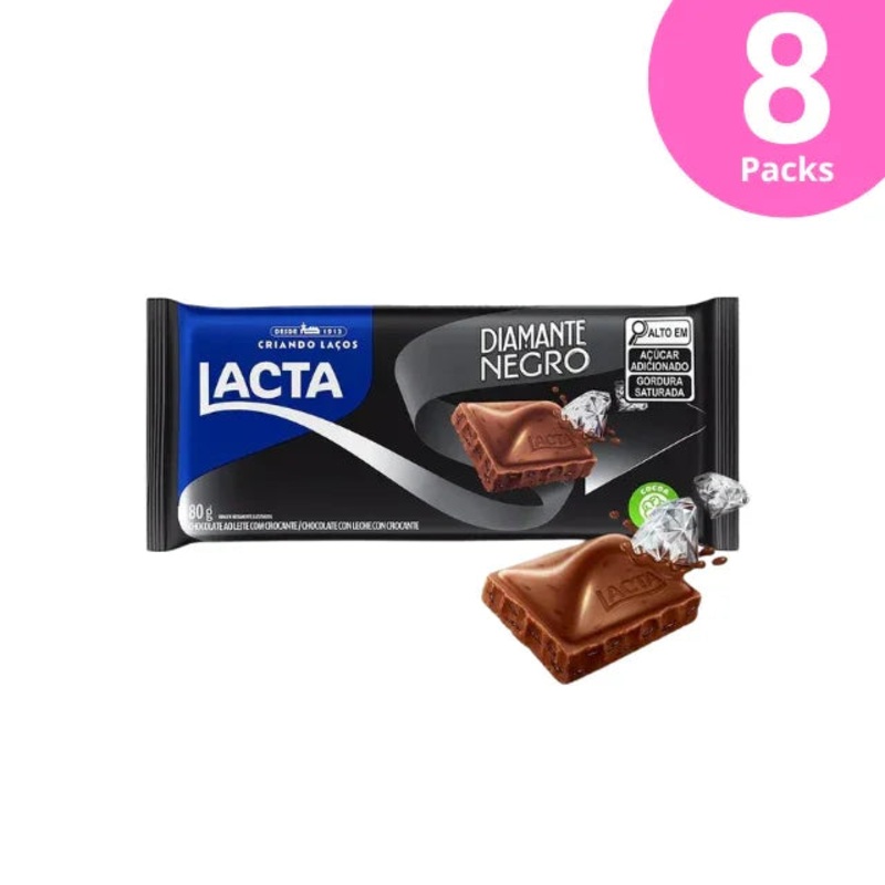 8-Pack Lacta Diamante Negro Chocolate Bar – 8 x  80g (2.82 oz) – Premium Milk Chocolate with Crunchy Cocoa Flakes