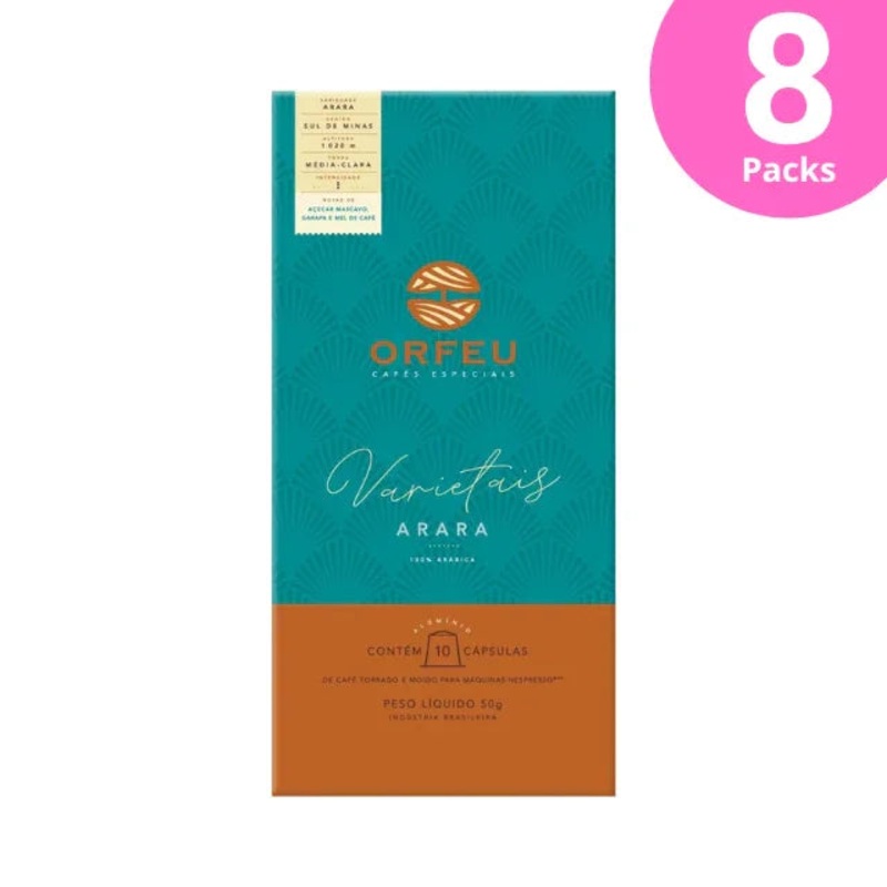 8-Pack Orfeu Arara Coffee Capsules, Compatible with Nespresso, 8 x 10 Capsules – 50g (1.76 oz)