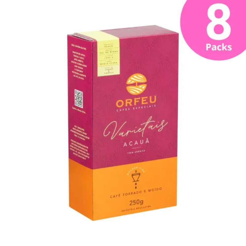 8-Pack Orfeu Varietais Acau Roasted and Ground Coffee, Medium-Light Roast, 8 x 250g (8.8 oz) – Notes of Clove and Cinnamon
