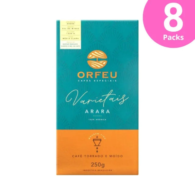 8-Pack Orfeu Varietais Arara Ground Coffee, 100% Arabica, Sul de Minas, 8 x 250g (8.8oz)  Notes of Brown Sugar, Molasses, and Honey