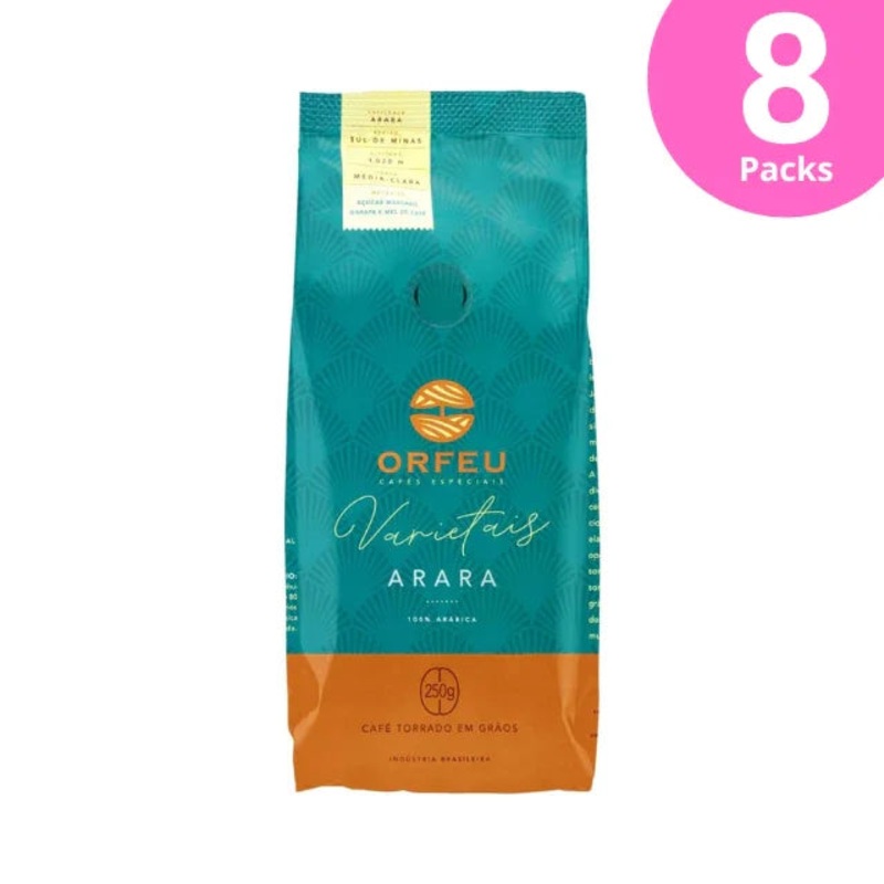 8-Pack Orfeu Varietais Arara Whole Bean Coffee, Sul de Minas, 100% Arabica, Medium-Light Roast, 8 x 250g (8.8 oz)