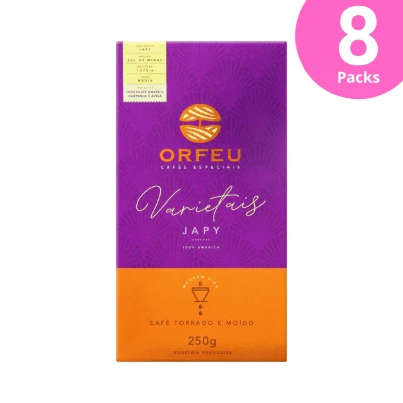 8-Pack Orfeu Varietais Japy Roast and Ground Coffee – 100% Arabica, Sul de Minas, 8 x 250g (8.8 oz) – Notes of Dark Chocolate, Hazelnut, and Walnut
