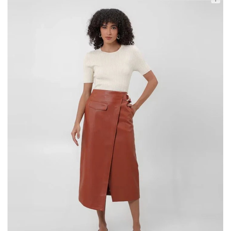 Personal Shopper | Buy from Brazil -Saia midi de poliuretano transpassada – Marrom | AK by Riachuelo – 1 units (DDP)