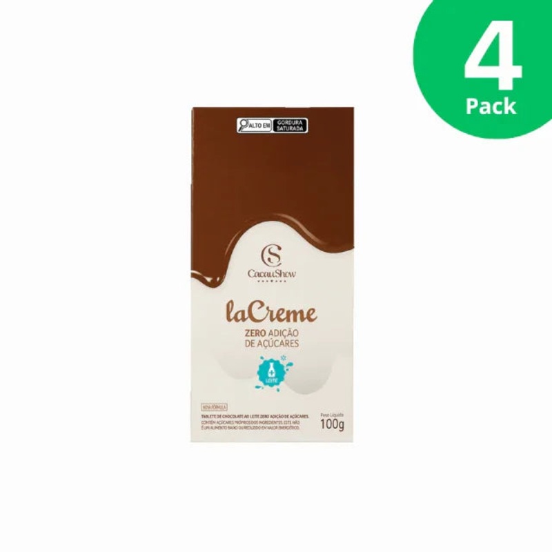4-Pack LaCreme Cacau Show No Added Sugar Milk Chocolate Bar – 4 x 100g (3.52 oz)