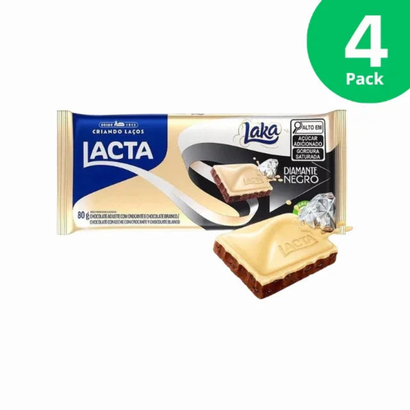 4-Pack Lacta Diamante Negro Laka Chocolate Bar  Creamy White & Milk Chocolate Blend with Crunch  4 x 80g (2.82oz)