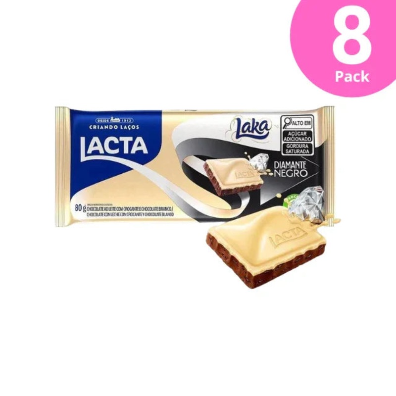 8-Pack Lacta Diamante Negro Laka Chocolate Bar  Creamy White & Milk Chocolate Blend with Crunch  8 x 80g (2.82oz)